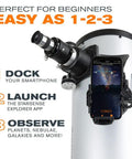 StarSense Explorer 8 Inch App Enabled Telescope with 203mm Dobsonian Mount and smartphone dock showing app interface