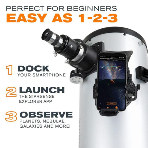 StarSense Explorer 8 Inch App Enabled Telescope with 203mm Dobsonian Mount and smartphone dock showing app interface