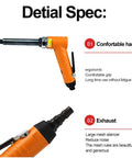 Detail specifications of Badass Compact Quarter Inch Air Angle Die Grinder Boasting 18000 Rpm Pneumatic Torque With Rear Exhaust Fan.