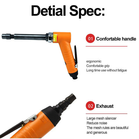 Detail specifications of Badass Compact Quarter Inch Air Angle Die Grinder Boasting 18000 Rpm Pneumatic Torque With Rear Exhaust Fan.