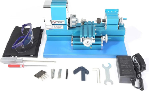Best 2024 Mini Motorized Lathe Machine 36w for Metal and Woodworking Projects with tools and safety goggles included.