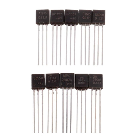 Power Transistors Assortment Kit 250 Pack Ten Values PNP And NPN General Purpose Transistors Set displayed in two rows
