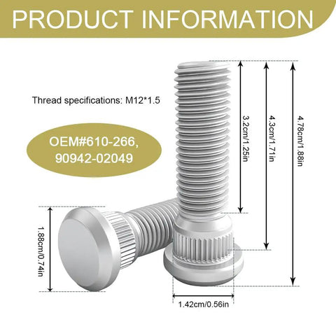 Rock Solid Extended Wheel Studs 10Pc Set M12x1.5 Threading 49Mm Reach Tough Steel Lug Hardware detailed dimensions and specifications.