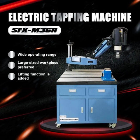 Top Shelf Electric Flexible Arm Tapping Machine Effortlessly Threads M12 Through M48 Fasteners In A Flash Powered By A Beast Mode 1200W Motor For Hardcore Shop Work on a blue workbench with adjustable arm.