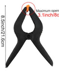 Six Pack 9 Inch Hefty Spring Clamps Made From Tough Nylon With Cushioned Jaw Tips Engineered For Knockout Grip Efficiency And Quick Swaps On Woodworking Or Photo Studio Crafting Sessions. 8.5 inch clamp with 3.1 inch max opening.