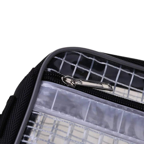 Close-up of the zipper on the Slick Clear Fanny Pack With Bonus Water Bottle Sleeve Tough Canvas Waist Bag.