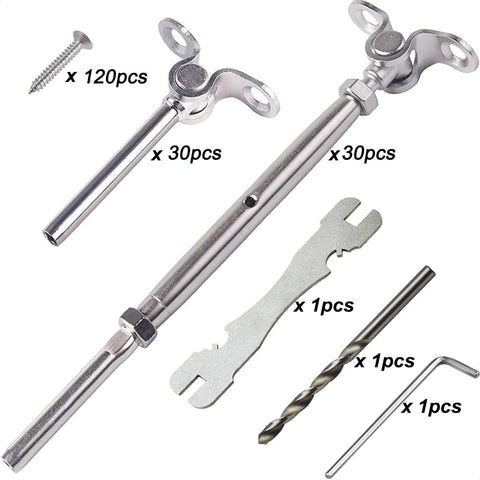 30 Pairs Steel Cable Railing Kit For One Eighth Inch Cable, Adjustable Angle Base With 180 Degree Freedom, Turnbuckle Expands
