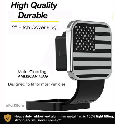 Flag Tow Hitch Cover For 2 Inch Receivers, American Flag design on chrome and black tube insert, protects receiver when not in use