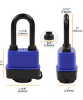 Built-Tough Outdoor Padlock 44mm 1.75 Inch Keyed-Alike, Steel Lock, blue water-resistant cover and dimensions shown