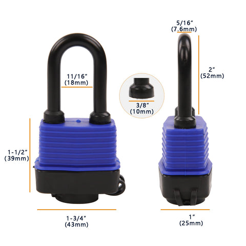 Built-Tough Outdoor Padlock 44mm 1.75 Inch Keyed-Alike, Steel Lock, blue water-resistant cover and dimensions shown