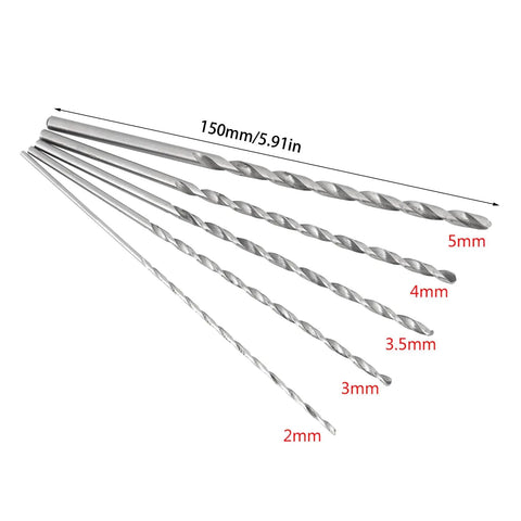 Five Piece Extra Long High Speed Steel Drill Bit Set With Long Shank For Wood Plastic Aluminum And Composite Materials HSS Twist Drill Bits In Five Sizes For Deep Holes And Beefy Durable DIY Projects.