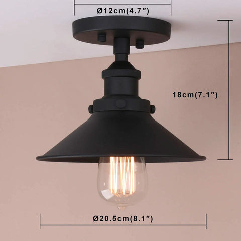 Vintage Farmhouse Ceiling Light With Metal Shade For Hallways, Kitchens, Lofts And Bars, Matte Black Semi Flush Mount Fixture