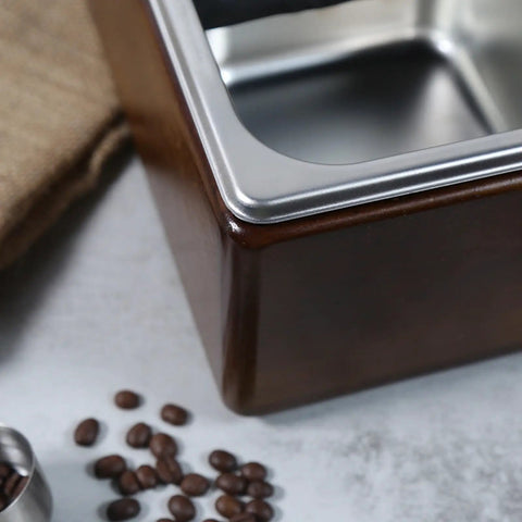 Premium Wooden Espresso Tamper Holder With Slick Drip Catch Tray And Knock Box showing wood finish and stainless steel details.