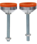 Heavy Duty Adjustable Leveling Feet With Swivel Bottoms And Thick Rubber Non Slip Grip For Shop Tables Tough Carbon Steel Frame Rock Solid Setup Protection Two Piece Bundle with orange rubber tops and metallic threaded stems.