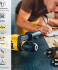 Contractor Grade 16 Slash 3 25 Foot Outdoor Extension Cord Black For Power Tools And Outdoor Equipment Moisture Resistant And Durable For Weatherproof Use In Harsh Weather Conditions product image showing kink-free plug next to power tool.