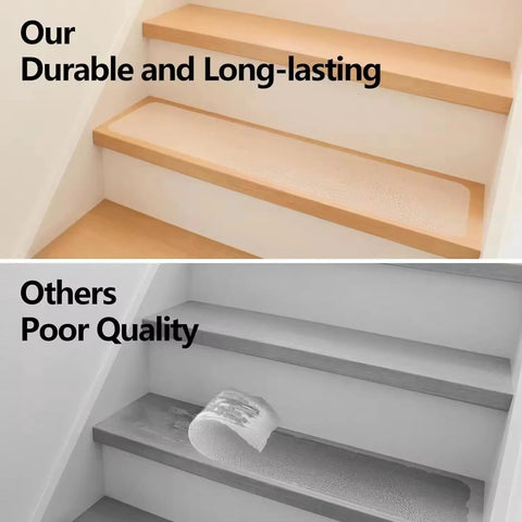 Comparison of Non Slip Stair Treads Tape 15 Pack 4 By 24 Inches Ultra Strong Adhesive for Smooth Surfaces with competitor tape on stairs.