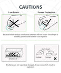 Cautions for Top Shelf 40 Pack LR44 AG13 Button Cell Batteries on power protection and storage guidelines.