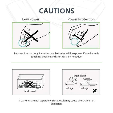 Cautions for Top Shelf 40 Pack LR44 AG13 Button Cell Batteries on power protection and storage guidelines.