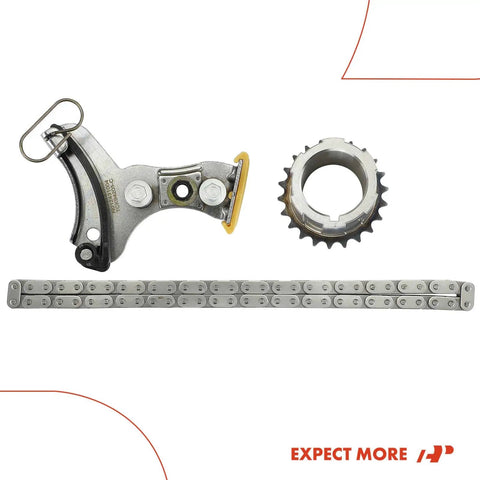 3 Piece Engine Timing Chain Kit With Sprocket And Tensioner For Chevy GMC And Cadillac V8 Cars And SUVs, laid out on white background.