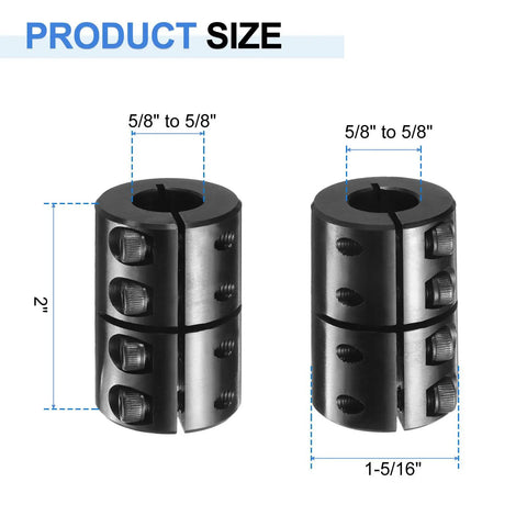 Rock Solid 5/8 To 5/8 Bore Shaft Coupling, 1-5/16 Inch Outer Diameter, 2 Inch Length, Black Oxide Plated, Single Split Clamping With 10-32 X 1/2 Inch Set Screws, Ideal For 3D Printer Motors And Drive Wheels., 5/8 to 5/8 bore shaft coupling shown with 1-5/16 inch OD and 2 inch length