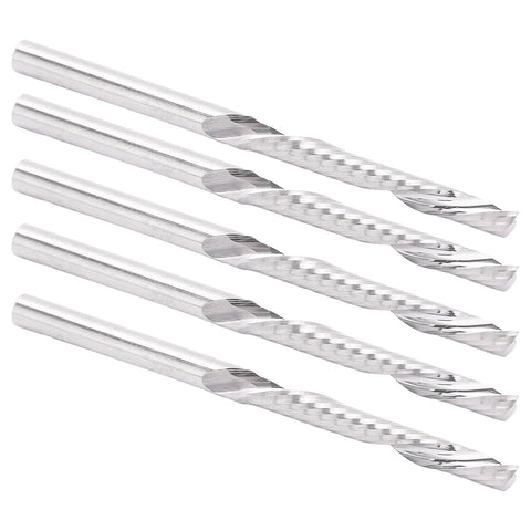 Five straight-shank tungsten steel end mills with single-flute spiral cutting; 3.175x3.175x25x50mm for wood carving.