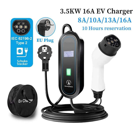 Portable Type 2 EV Charger 3.6KW 16AMP 240VOLT Electric Car Charging Cable with EU plug and screen display for easy use.