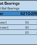 Diagram and specifications for 6210-2RS High Precision Ball Bearing 50mm Inner Diameter, 90mm Outer Diameter, 20mm Width With Double Rubber Seals