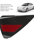 Bolt On Replacement Right Side Rear Bumper Reflector Cover With Bold Red Lens For Tesla Model 3 And Model Y 2017 To 2020 Models, close-up view, black and red.