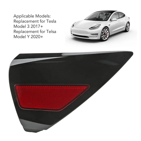 Bolt On Replacement Right Side Rear Bumper Reflector Cover With Bold Red Lens For Tesla Model 3 And Model Y 2017 To 2020 Models, close-up view, black and red.