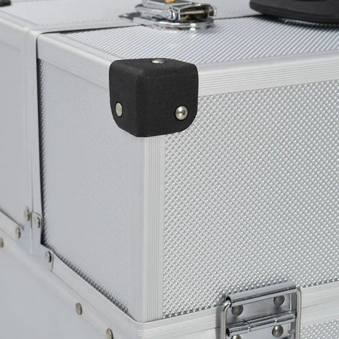 Corner detail of a sturdy aluminum tool case with six extendable trays lockable portable organizer for tools like screwdrivers pliers
