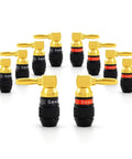 Right Angle Banana Plugs, 6 Pairs Gold Plated Speaker Plugs, 90 Degree Quick Connect in a row with black and gold design