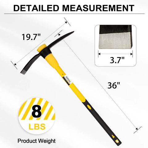Detailed measurements of Heavy Duty Forged Steel Pick Axe With Shock Absorbing Fiberglass Handle For Digging 36 Inch Length 406Y