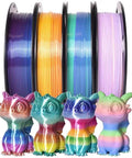 Shiny Rainbow PLA Filament Bundle For 3D Printing, 1.75mm, 200g Per Spool, 4 Spools Included, with colorful dragon figurines