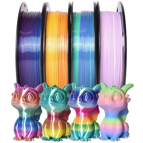 Shiny Rainbow PLA Filament Bundle For 3D Printing, 1.75mm, 200g Per Spool, 4 Spools Included, with colorful dragon figurines