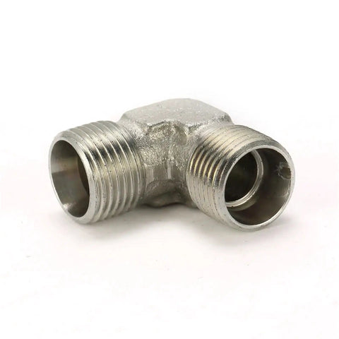 Close-up of a 100 Pack M22x1.5 Male Thread 90 Degree Elbow Hydraulic Fittings Union Connector For Pipes Beefy Heavy Duty Carbon Steel