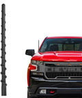 9 Inch Spiral Direct Short Replacement Antenna With M7 Thread For Chevy Silverado And GMC Sierra 2009 To 2025 next to red truck