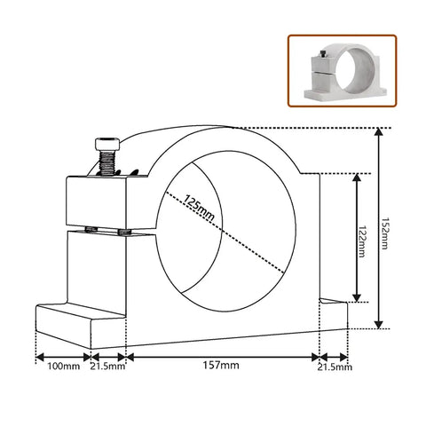 125mm Spindle Motor Clamp Mount Bracket Aluminum CNC Clamp For Precise Machining, Heavy Duty Spindle Mount Fits 100mm And 125mm Tooling, Rock Solid Locking Clamp For Milling And Lathe. Technical drawing with 125mm bore and 100mm base