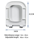 Zero Drama Soft Close Toilet Seat White Square Shape dimensions 34cm wide, 43.5cm long with adjustable mounting holes.