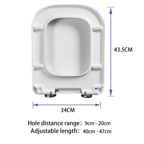 Zero Drama Soft Close Toilet Seat White Square Shape dimensions 34cm wide, 43.5cm long with adjustable mounting holes.
