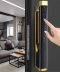 Hassle Free Top Shelf Smart Door Lock With Pretty Slick Fingerprint Scanner App Control Password Entry And Beefy Auto Deadbolt For Secure Modern Homes Easy Install close-up of black and gold lock with keypad being activated.