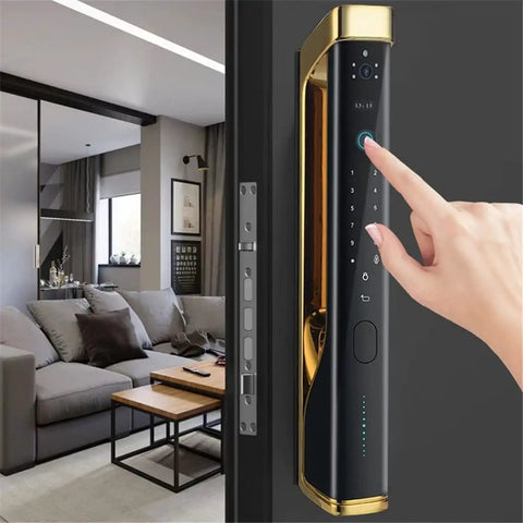 Hassle Free Top Shelf Smart Door Lock With Pretty Slick Fingerprint Scanner App Control Password Entry And Beefy Auto Deadbolt For Secure Modern Homes Easy Install close-up of black and gold lock with keypad being activated.