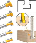 Five Piece T Slot Router Bit Set With 1/4 Inch Shank Keyhole Track Cutters showing use in wood with diagram