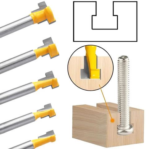 Five Piece T Slot Router Bit Set With 1/4 Inch Shank Keyhole Track Cutters showing use in wood with diagram