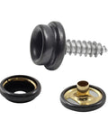 Close-up of Stainless Steel Boat Snap Kit with 30 sockets, covers, snap buttons, 5/8 inch screws, 3/8 inch socket, black finish