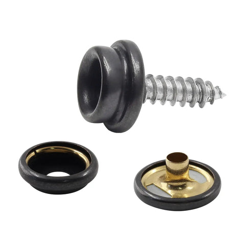 Close-up of Stainless Steel Boat Snap Kit with 30 sockets, covers, snap buttons, 5/8 inch screws, 3/8 inch socket, black finish