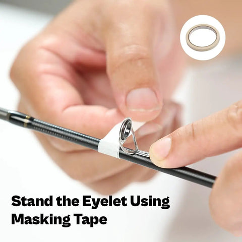 Fishing Rod Repair Kit With Epoxy Glue Wrapping Thread Clipper And Masking Tape in use for securing eyelet with tape