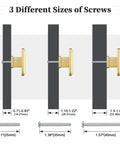 Six Pack Brushed Gold Cabinet Pulls With Single Hole Design shown with three different screw sizes for installation