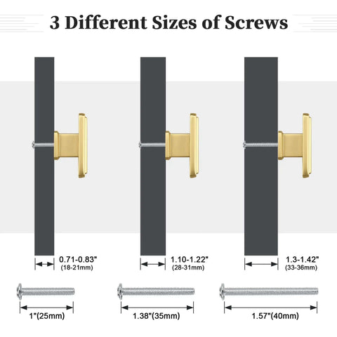 Six Pack Brushed Gold Cabinet Pulls With Single Hole Design shown with three different screw sizes for installation