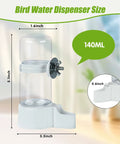 Two Pack Automatic Bird Cage Water Dispenser With Leak Proof Build For Parakeets And Small Parrots Keeps Fresh Water Flowing Daily Easy Cage Mount Breezy Zero Hassle Pet Hydration Bottle, showing sizes 140ml and dimensions.