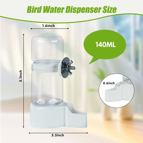 Two Pack Automatic Bird Cage Water Dispenser With Leak Proof Build For Parakeets And Small Parrots Keeps Fresh Water Flowing Daily Easy Cage Mount Breezy Zero Hassle Pet Hydration Bottle, showing sizes 140ml and dimensions.